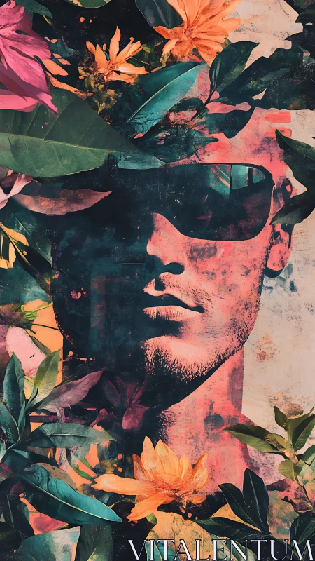 Sun-drenched portrait wrapped in bold tropical blooms.