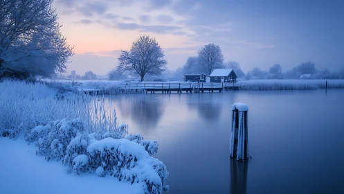 Photorealistic winter lakeside with pier and distant cottage.
