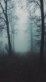 Vertical forest path receding into dense blue-green fog