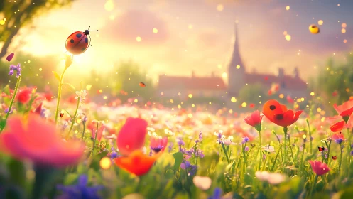 Ladybugs move over sunlit wildflower meadow near village