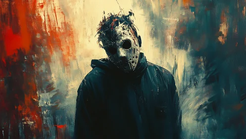 Masked figure in abstract fiery storm of painterly strokes.