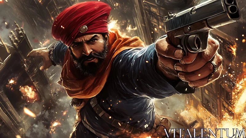 Turbaned gunfighter lunging through explosive urban chaos.