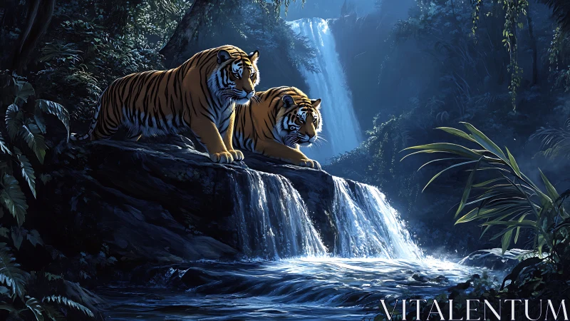 Majestic Tigers Rest Above Cascading Waterfall in Jungle Cavern