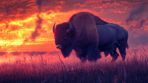 Digitally rendered bison under high-saturation sunset sky lighting