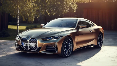 Sunlit metallic coupe with sculpted bodywork in modern driveway