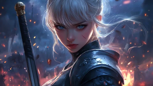 Silver haired warrior locks blazing gaze through embers