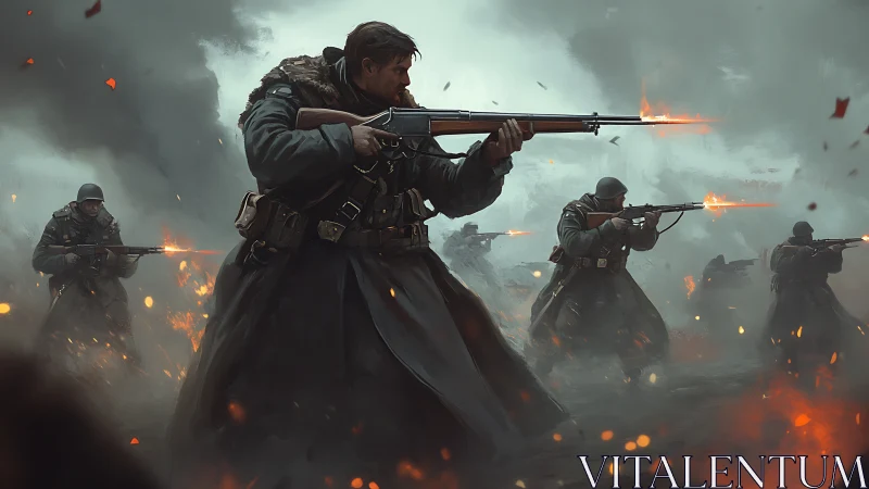 Storming infantry line in cinematic digital war tableau.