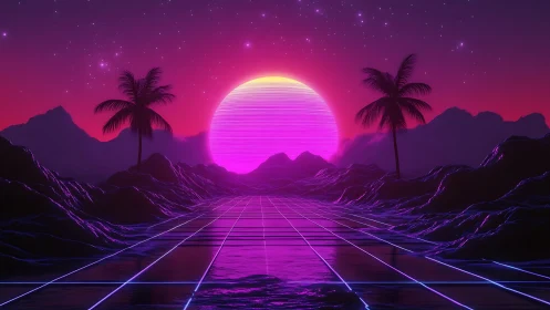 Neon vaporwave horizon with grid-plane ocean and palm silhouettes.