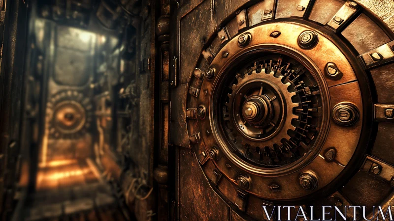 Steampunk vault door close-up with cinematic depth of field.