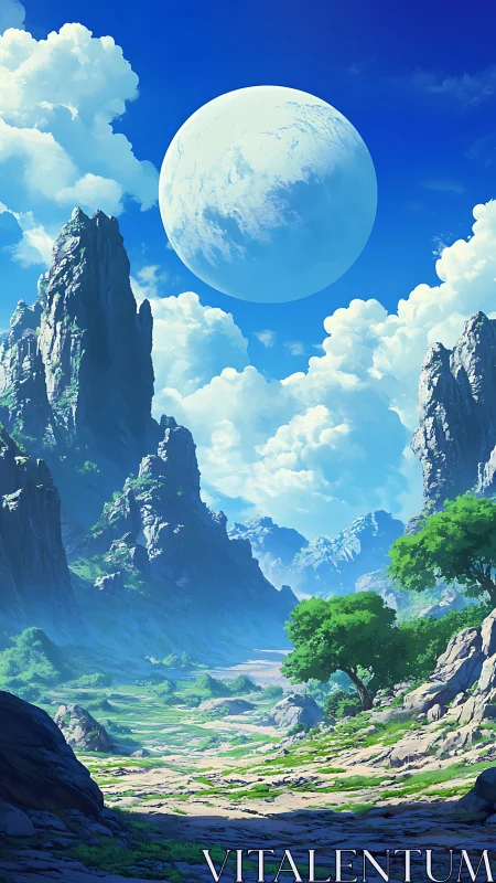 Peaceful valley and glowing moon above misty blue peaks.