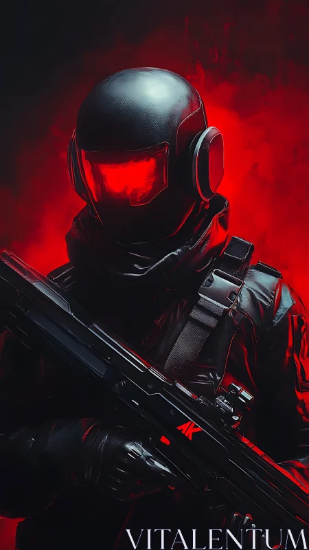 Armored cyber soldier holds rifle amid crimson haze.