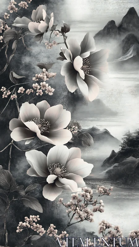 White Flowers with Misty Mountains Background Composition