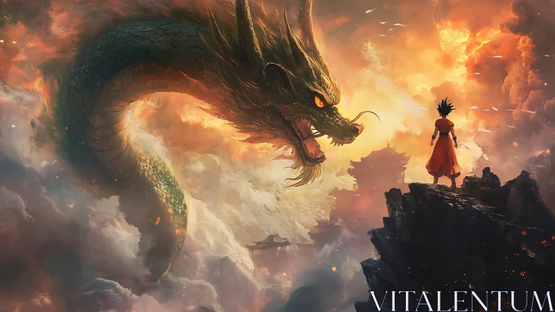 Warrior confronts colossal dragon in fiery sky landscape.