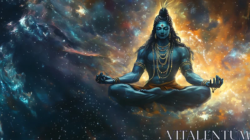 Blue-skinned meditative figure in luminous cosmic space.
