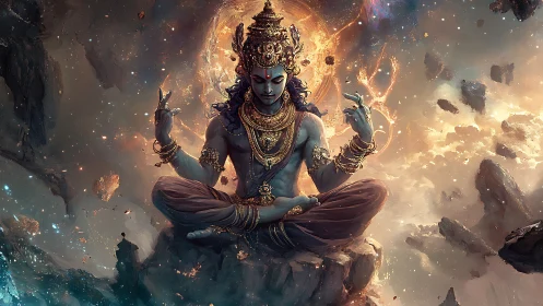 Celestial blue deity meditates amid luminous cosmic vortex