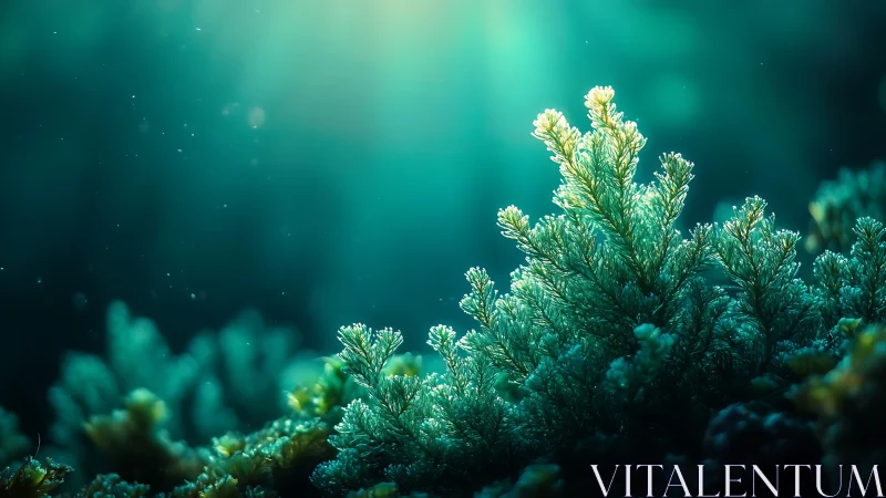 Macro study of luminous aquatic foliage with volumetric teal backlight