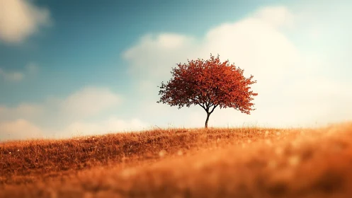 Lone tree on autumn field with warm sunlight, dreamy landscape style.