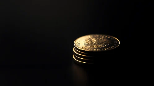 Low-key macro stack of gold coins under directional side lighting