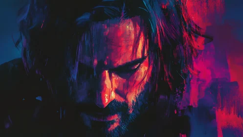 Brooding portrait glows under electric neon brushstrokes.