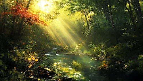 Luminous forest stream with volumetric light and layered foliage.