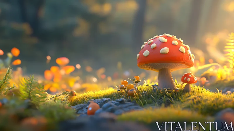 Sunlit fly agaric mushrooms in shallow depth forest clearing