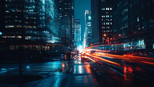 Midnight city streets glowing with blue glass and neon trails.