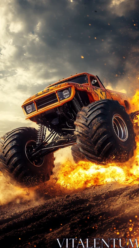 Orange monster truck on dirt track amid fire and smoke.