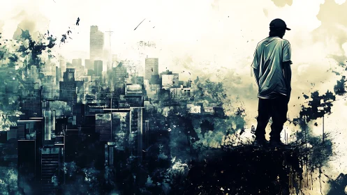 Solitary figure overlooking abstract urban skyline at dusk.