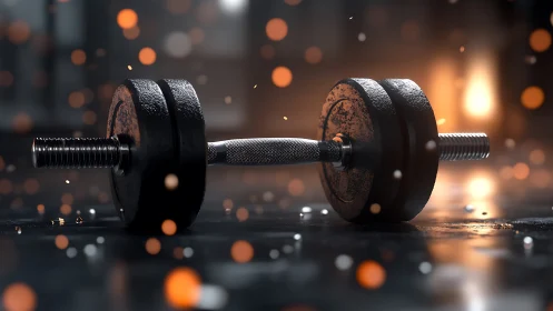 Single metal dumbbell on reflective gym floor at rest.