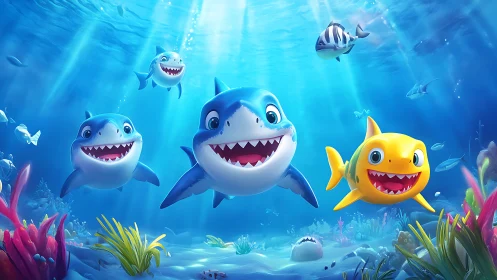 Chromatic juvenile sharks in stylized refracted seafloor light.