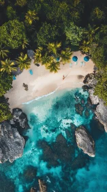 Aerial coastal composition with dense tropical vegetation and turquoise tidal formations
