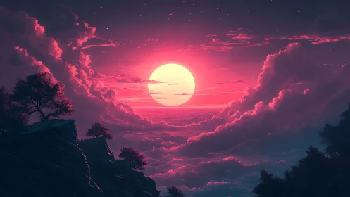 Vibrant pink sunset over clouds and silhouetted cliffs.