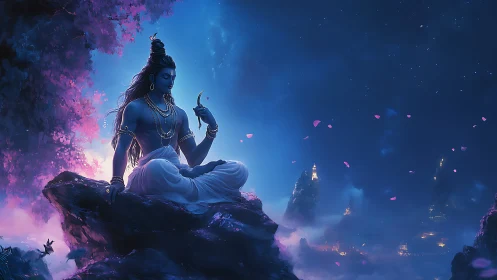 Blue-skinned deity meditates on rocky cliff under night sky