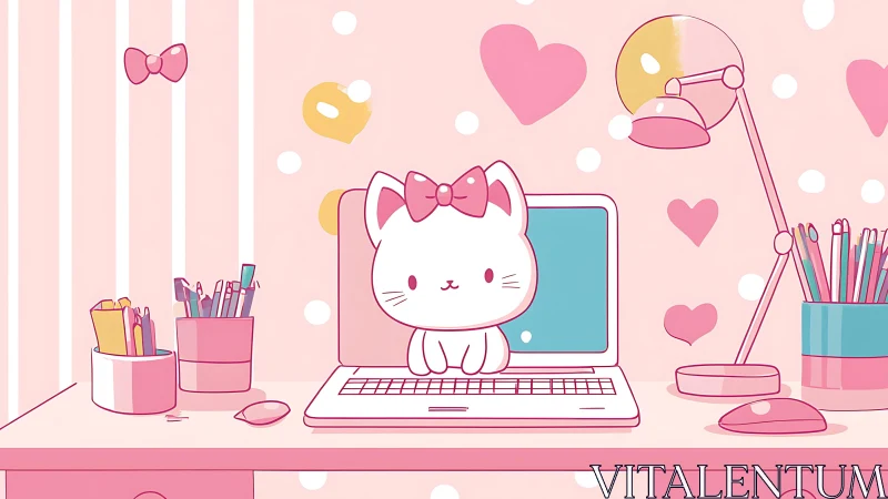 Pink-bowed kitty hosts a pastel-perfect digital workspace show