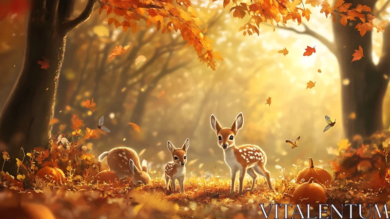Fawn trio in luminous autumn forest with pumpkins and leaves.