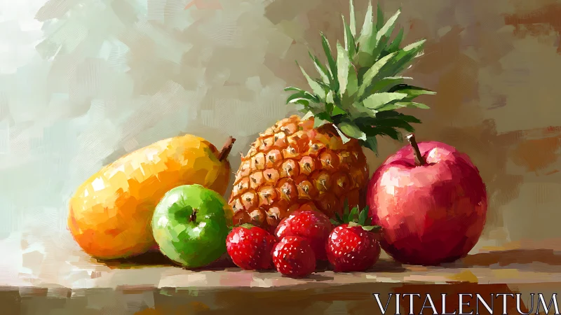 Impasto still life of assorted ripe fruit on wooden ledge