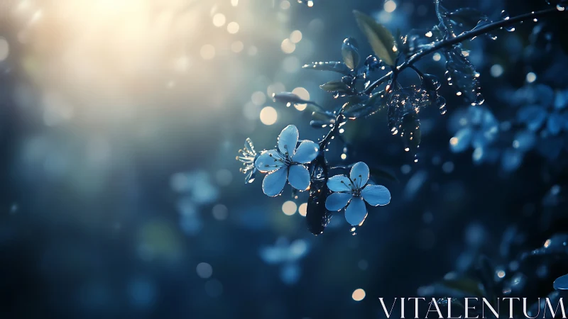 Frost-covered small flowers with water droplets on dark branches.