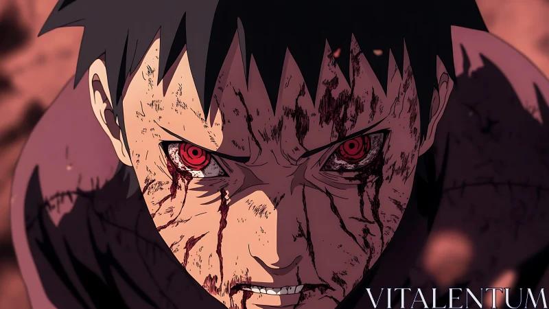 Scarred warrior’s red gaze burns with relentless fury