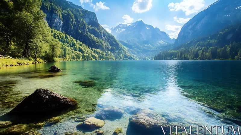 Emerald alpine lake dreaming beneath towering summer peaks.
