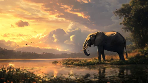 Elephant surveys golden riverside under storm-lit sunset sky.