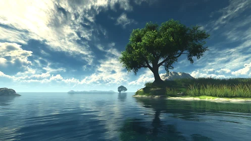 A Solitary Tree Stands Gracefully Over Tranquil Waters