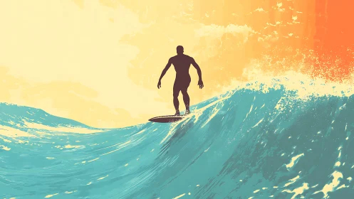Surfer rides sunlit turquoise wave against glowing sky