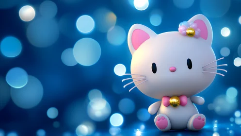 3D chibi cat figurine with bokeh-lit blue background focus.
