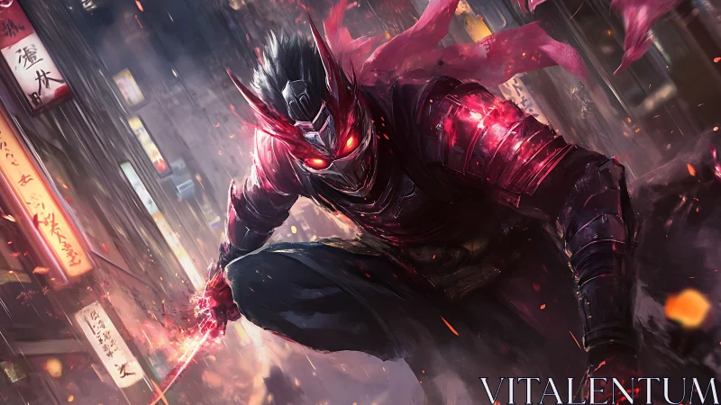 Cyber demon ninja lunges through neon-lit city streets.