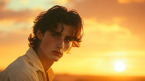Youthful portrait glows against a golden, wistful sunset sky
