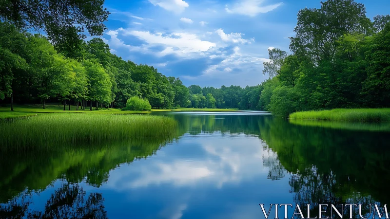 Peaceful forest lake mirroring soft skies and bright green trees.