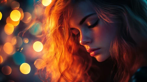 Firelit daydream drapes a quiet face in molten bokeh glow
