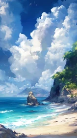 Tropical coastal paradise with towering cliffs and turquoise waters.