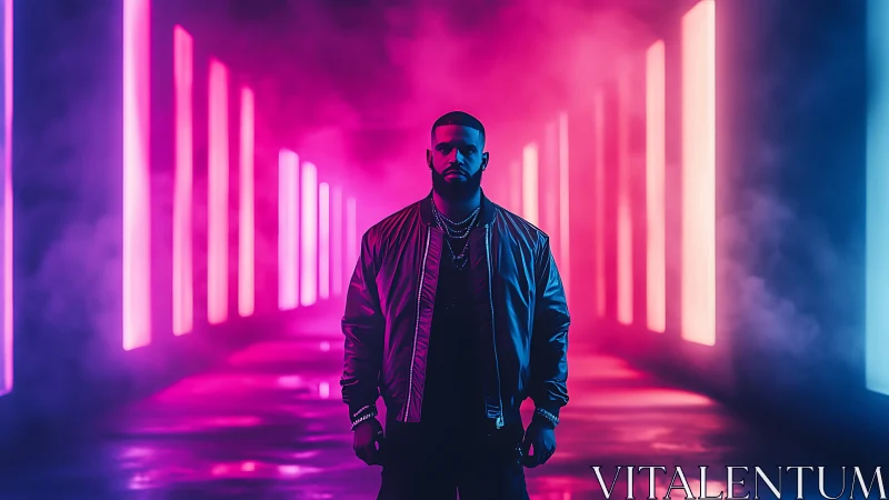 Neon corridor icon in electric magenta and cyan haze.