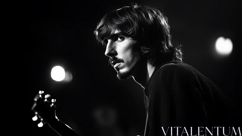 Moody stage guitarist caught in a quiet, thoughtful pause.